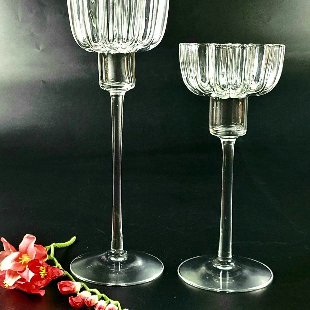 Vintage Crystal Floral Shape - Pedestal Candlestick Holders- Pair